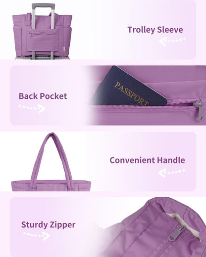 Padded puffer tote with cup holder and laptop compartment for travel and work