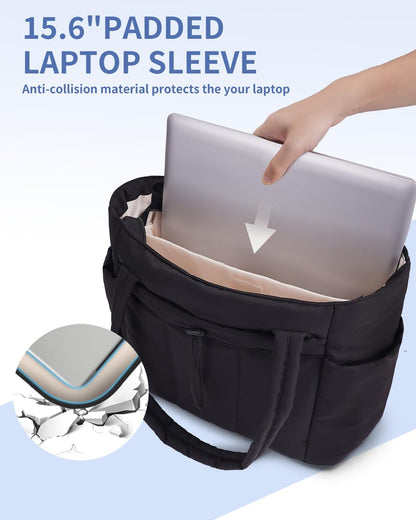 Padded puffer tote with cup holder and laptop compartment for travel and work