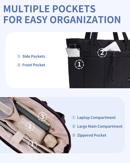Padded puffer tote with cup holder and laptop compartment for travel and work