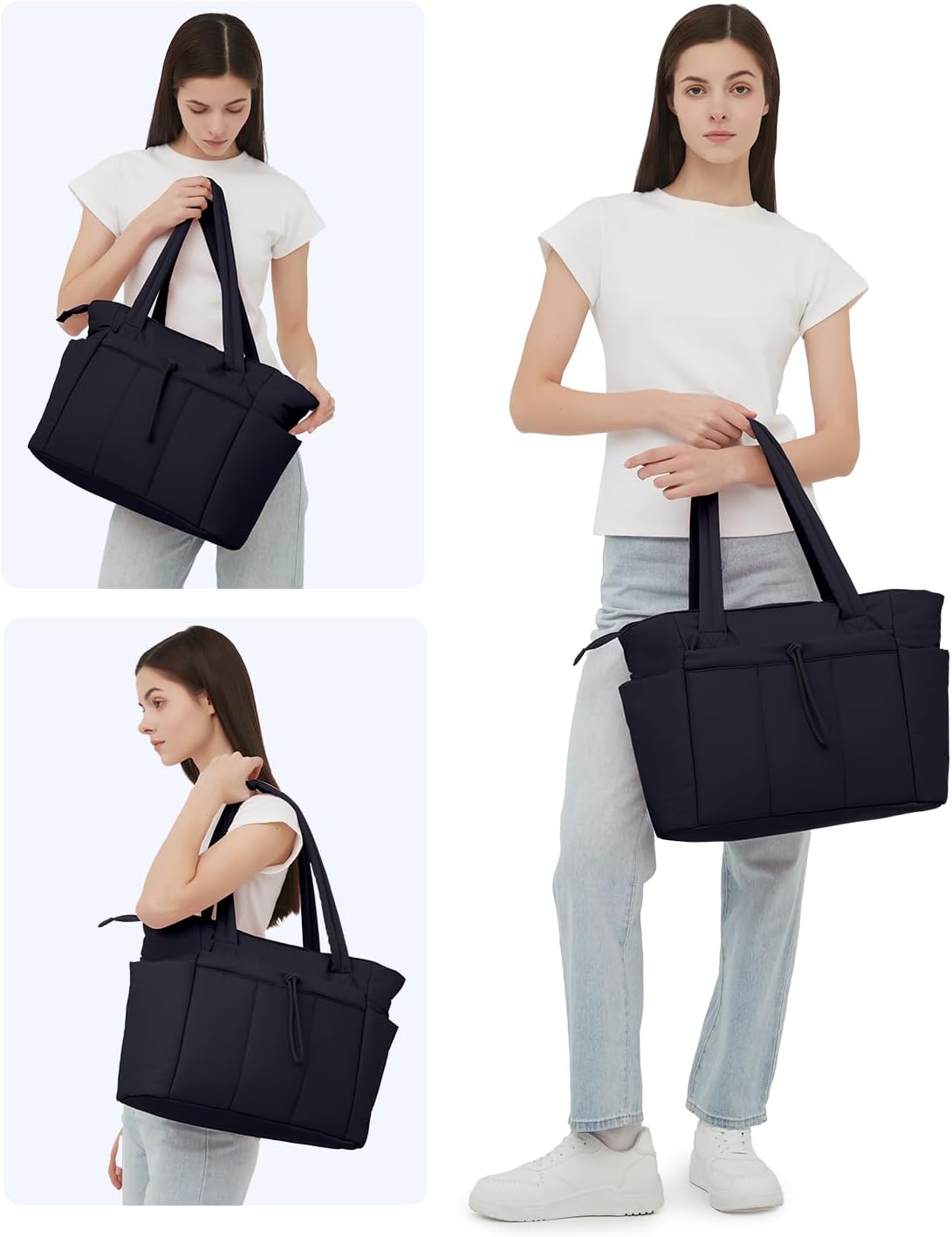 Padded puffer tote with cup holder and laptop compartment for travel and work
