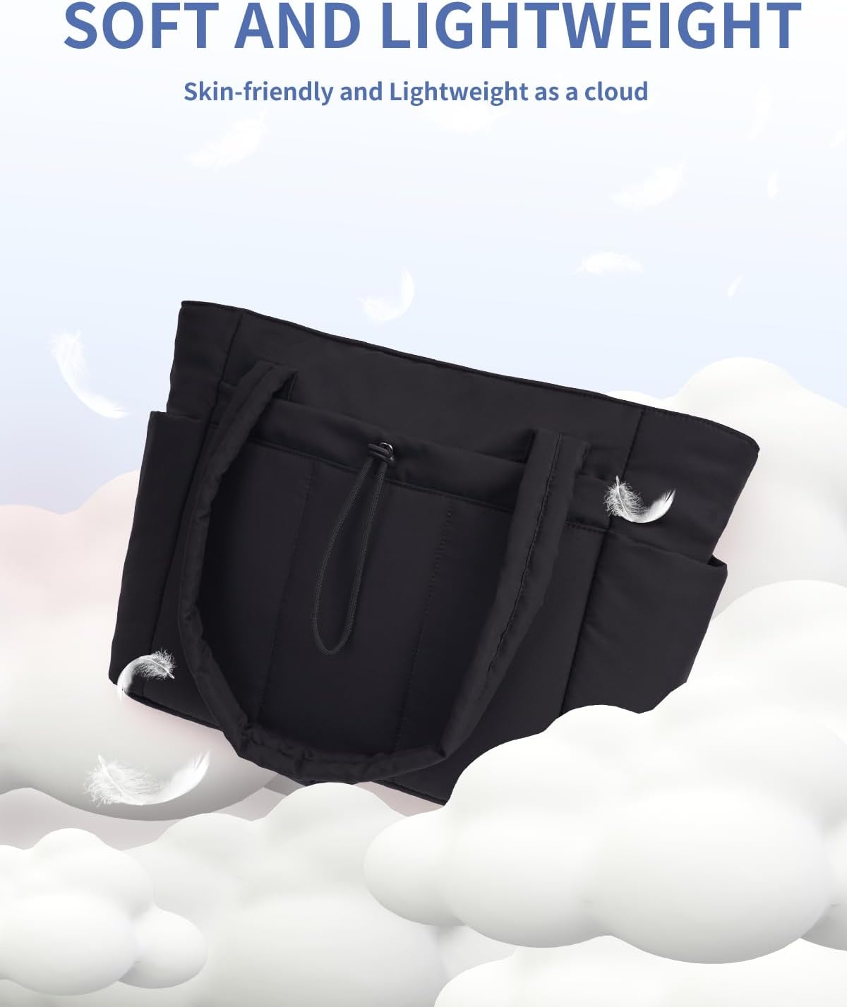 Padded puffer tote with cup holder and laptop compartment for travel and work