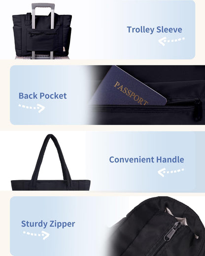 Padded puffer tote with cup holder and laptop compartment for travel and work