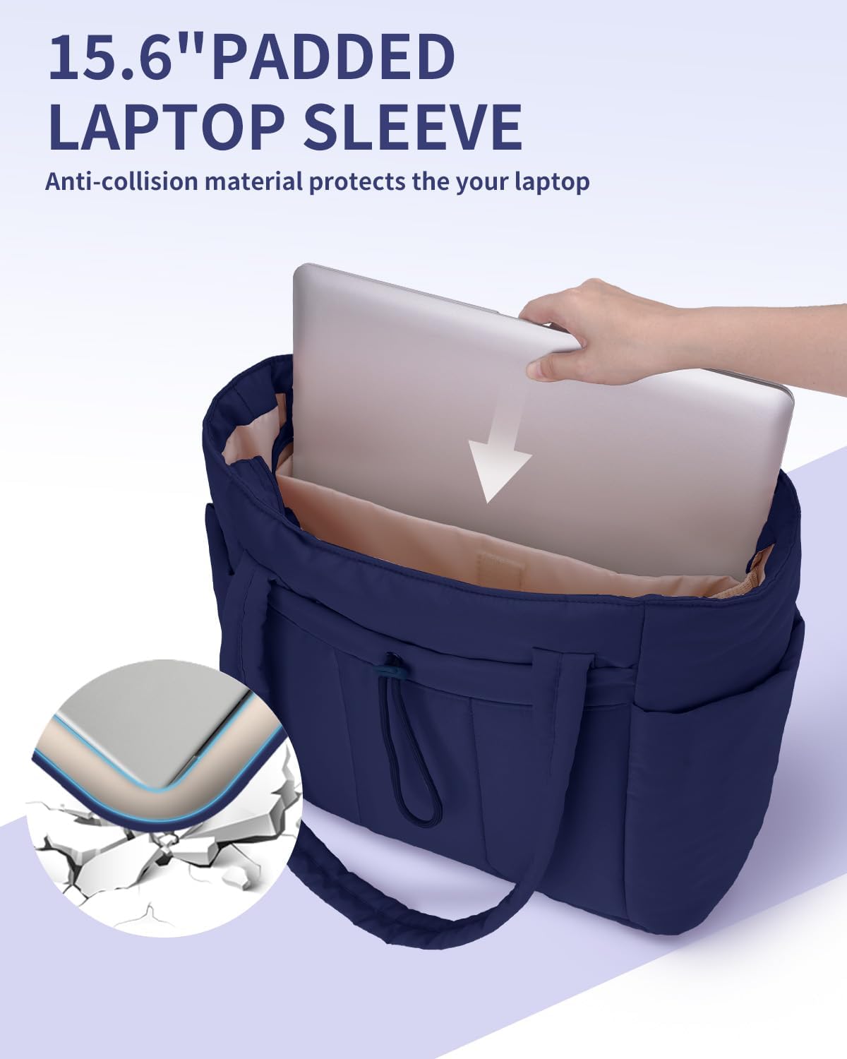 Padded puffer tote with cup holder and laptop compartment for travel and work