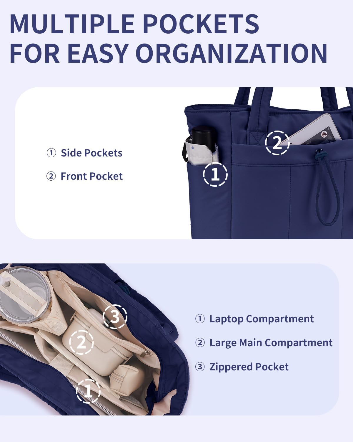 Padded puffer tote with cup holder and laptop compartment for travel and work