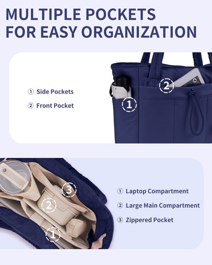 Padded puffer tote with cup holder and laptop compartment for travel and work