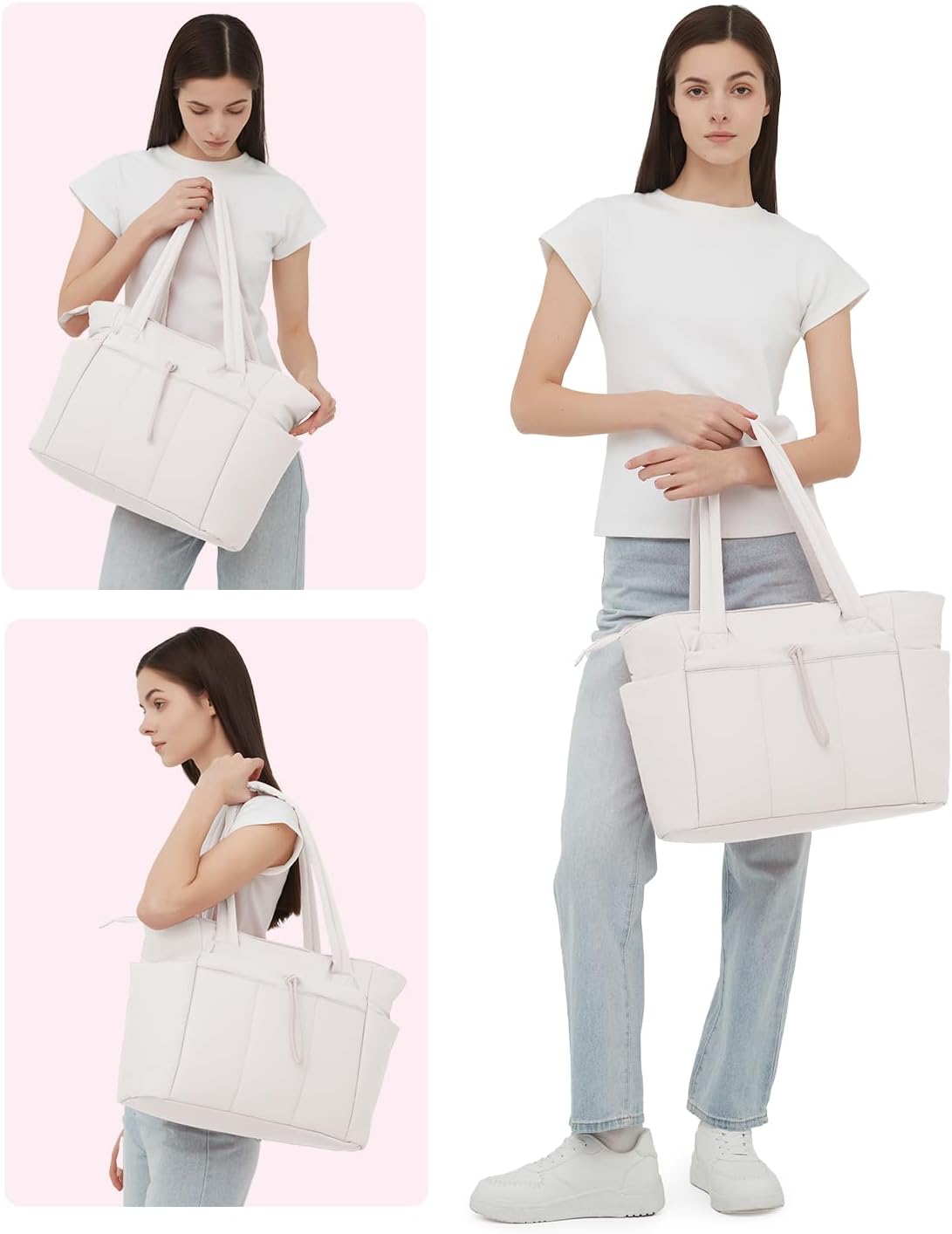 Padded puffer tote with cup holder and laptop compartment for travel and work