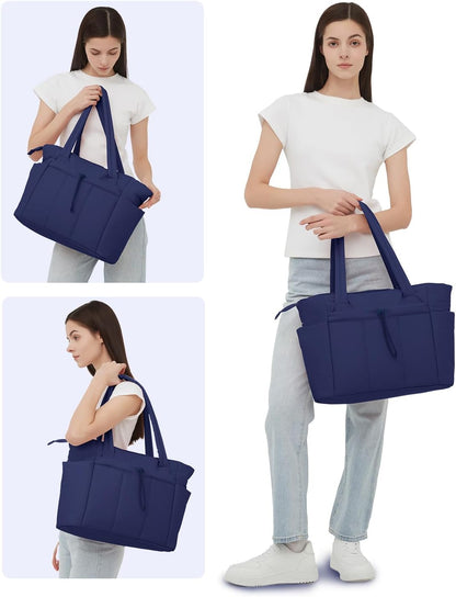 Padded puffer tote with cup holder and laptop compartment for travel and work