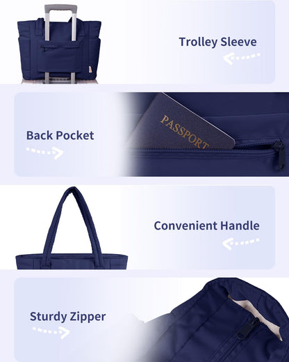 Padded puffer tote with cup holder and laptop compartment for travel and work