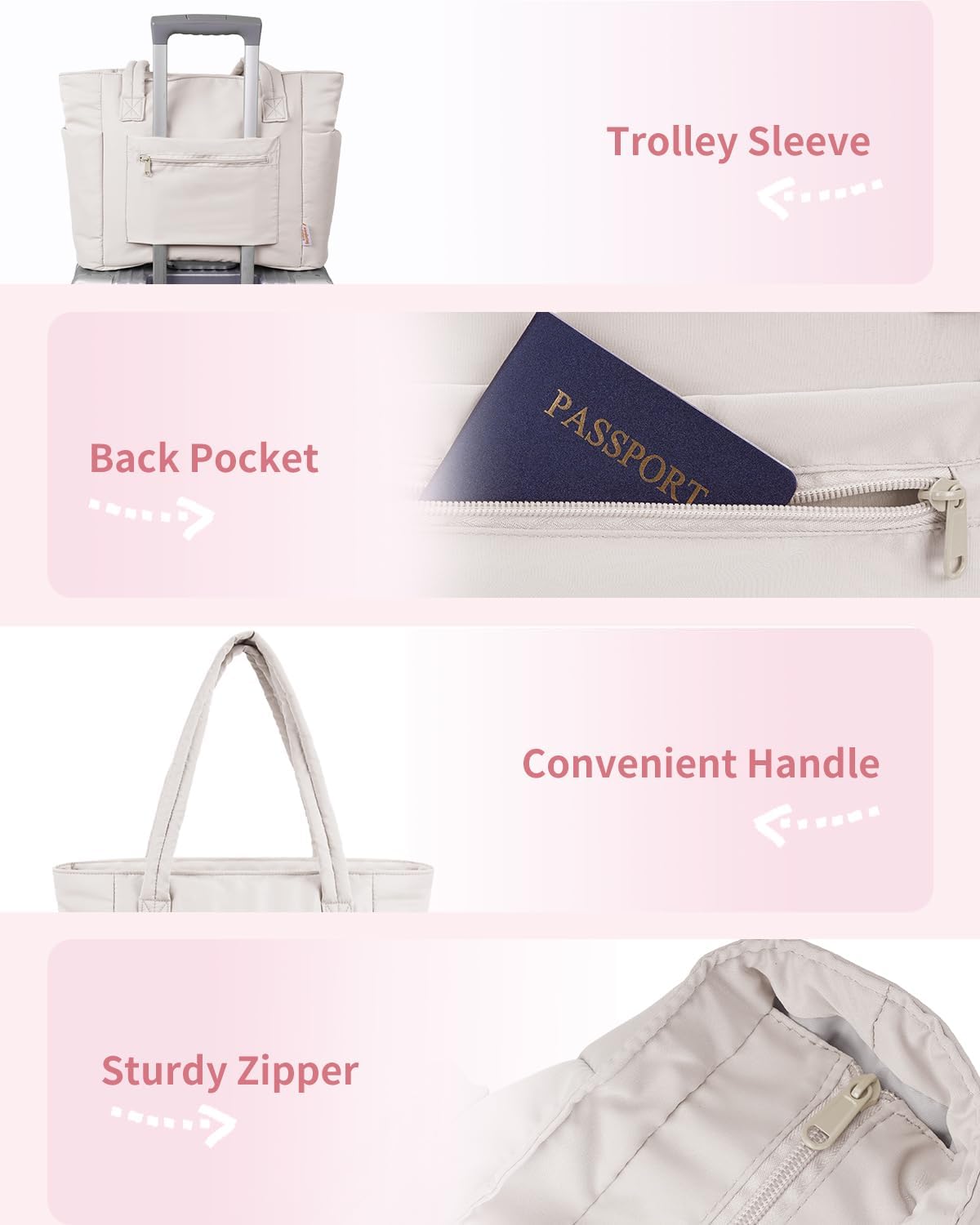 Padded puffer tote with cup holder and laptop compartment for travel and work
