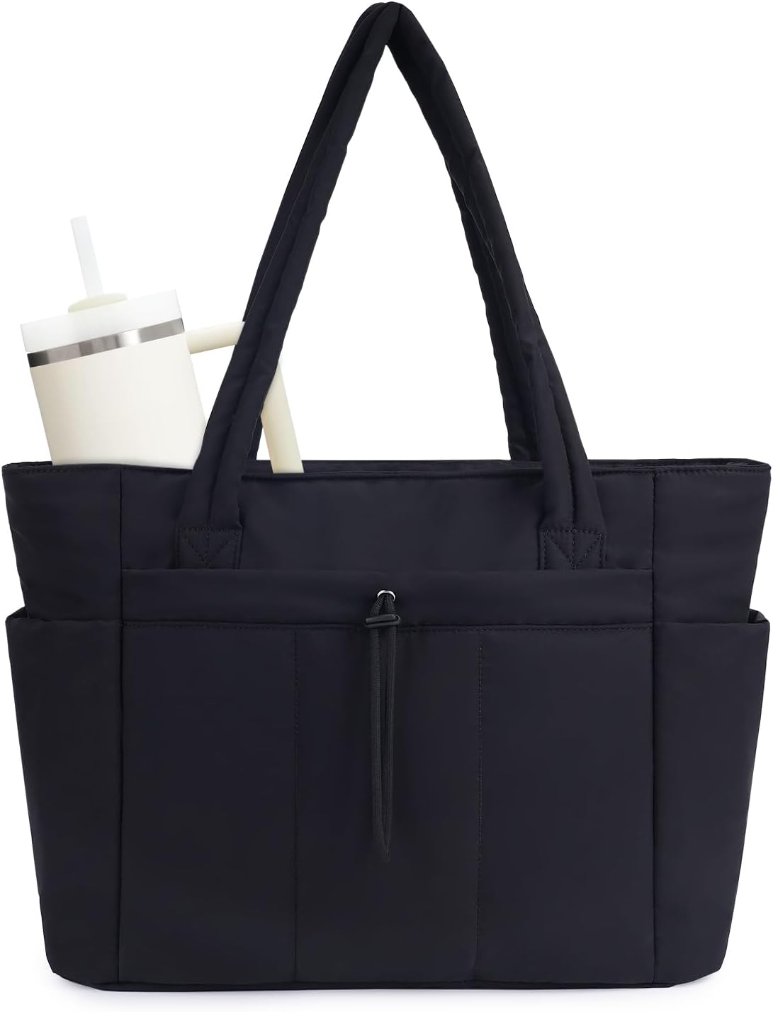 Padded puffer tote with cup holder and laptop compartment for travel and work