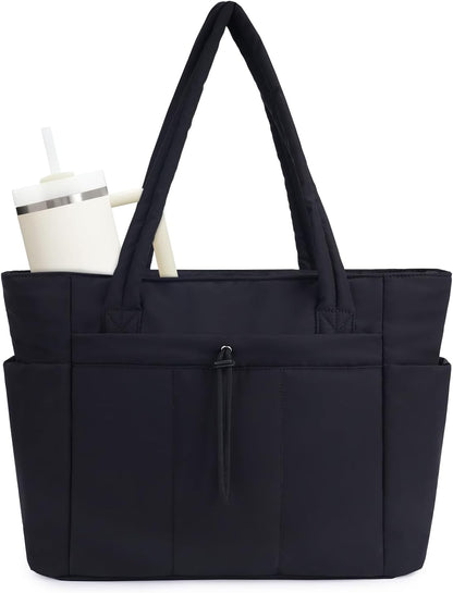Padded puffer tote with cup holder and laptop compartment for travel and work