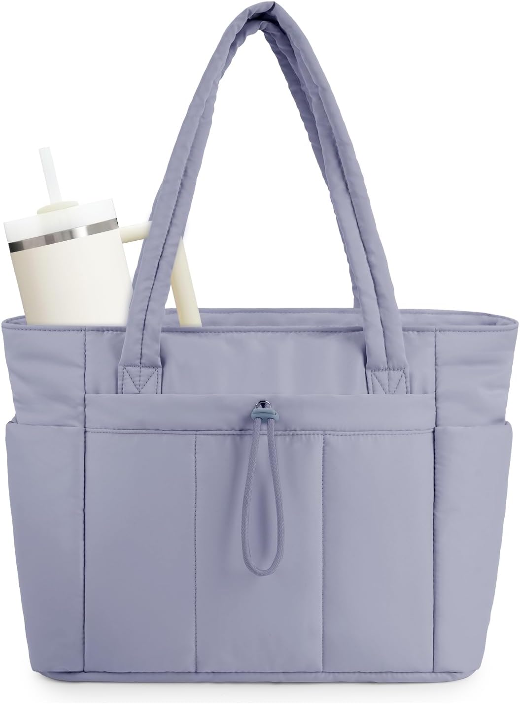 Padded puffer tote with cup holder and laptop compartment for travel and work