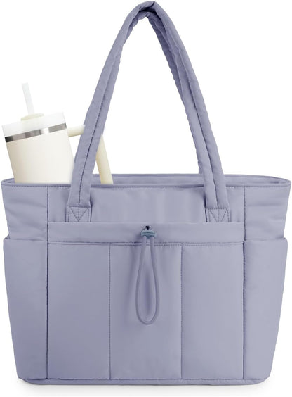 Padded puffer tote with cup holder and laptop compartment for travel and work