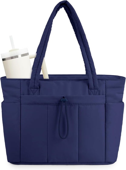 Padded puffer tote with cup holder and laptop compartment for travel and work