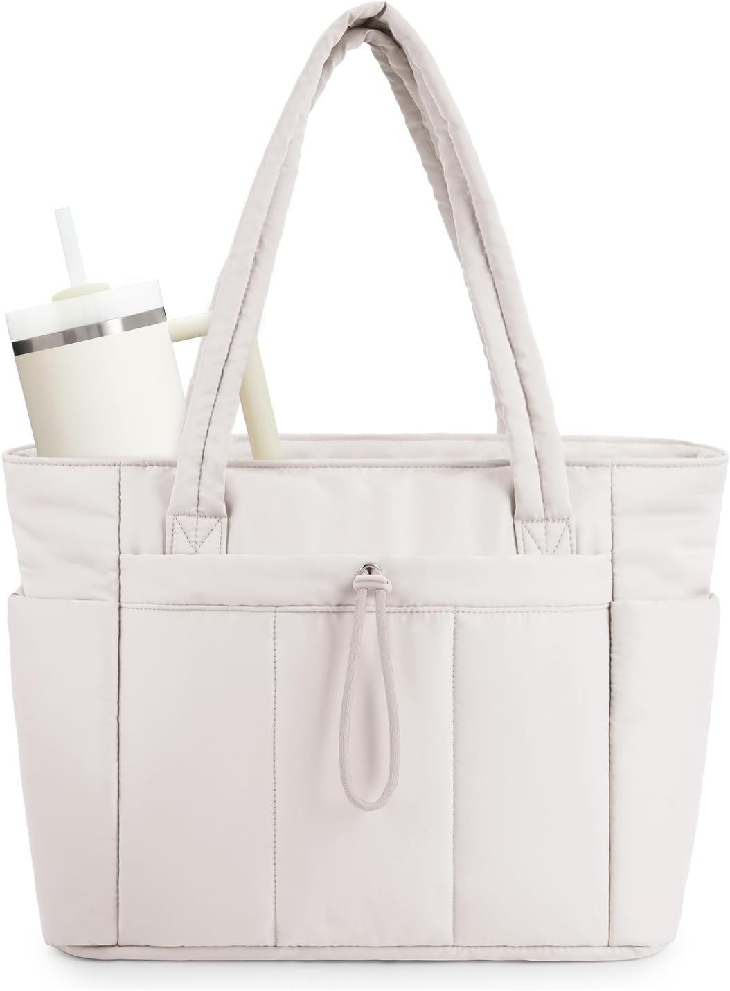 Padded puffer tote with cup holder and laptop compartment for travel and work