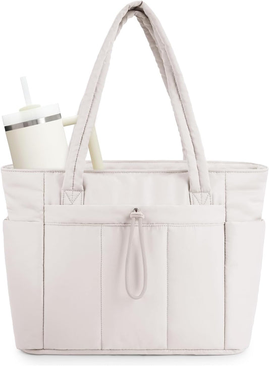 Padded puffer tote with cup holder and laptop compartment for travel and work
