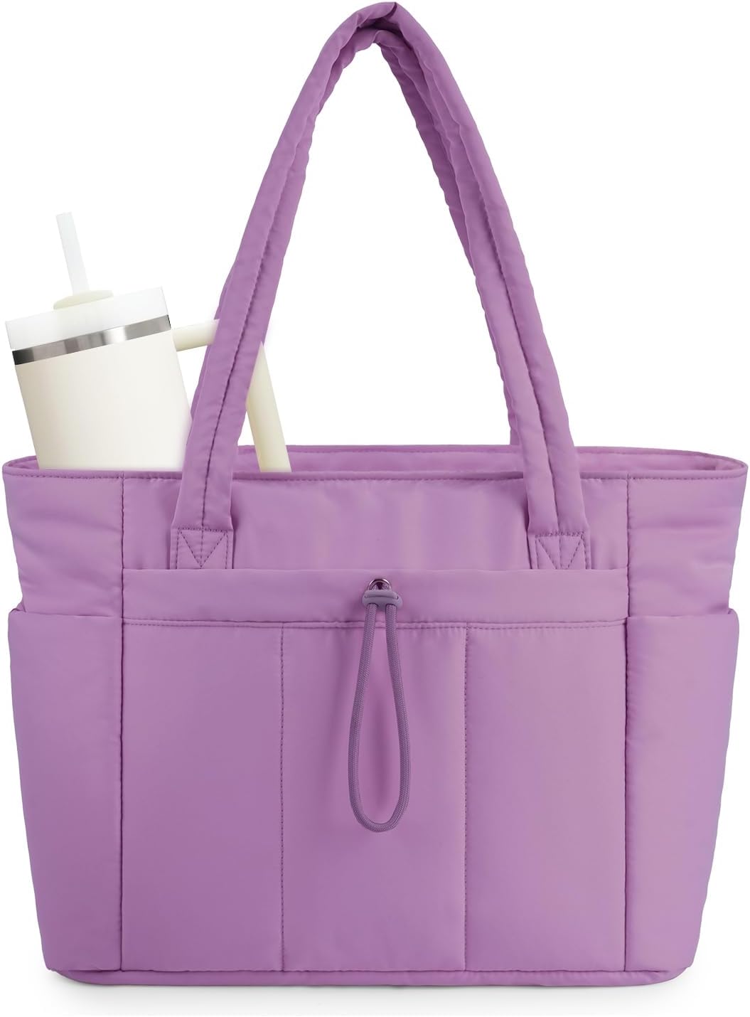 Padded puffer tote with cup holder and laptop compartment for travel and work