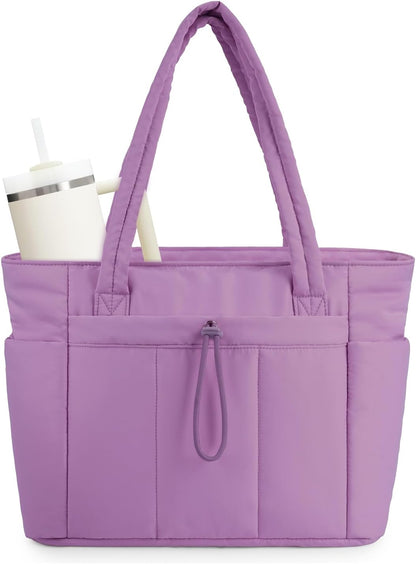 Padded puffer tote with cup holder and laptop compartment for travel and work