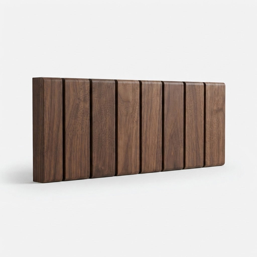 Dark walnut rack with all hooks folded flat, forming a smooth panel of vertical slats 10
