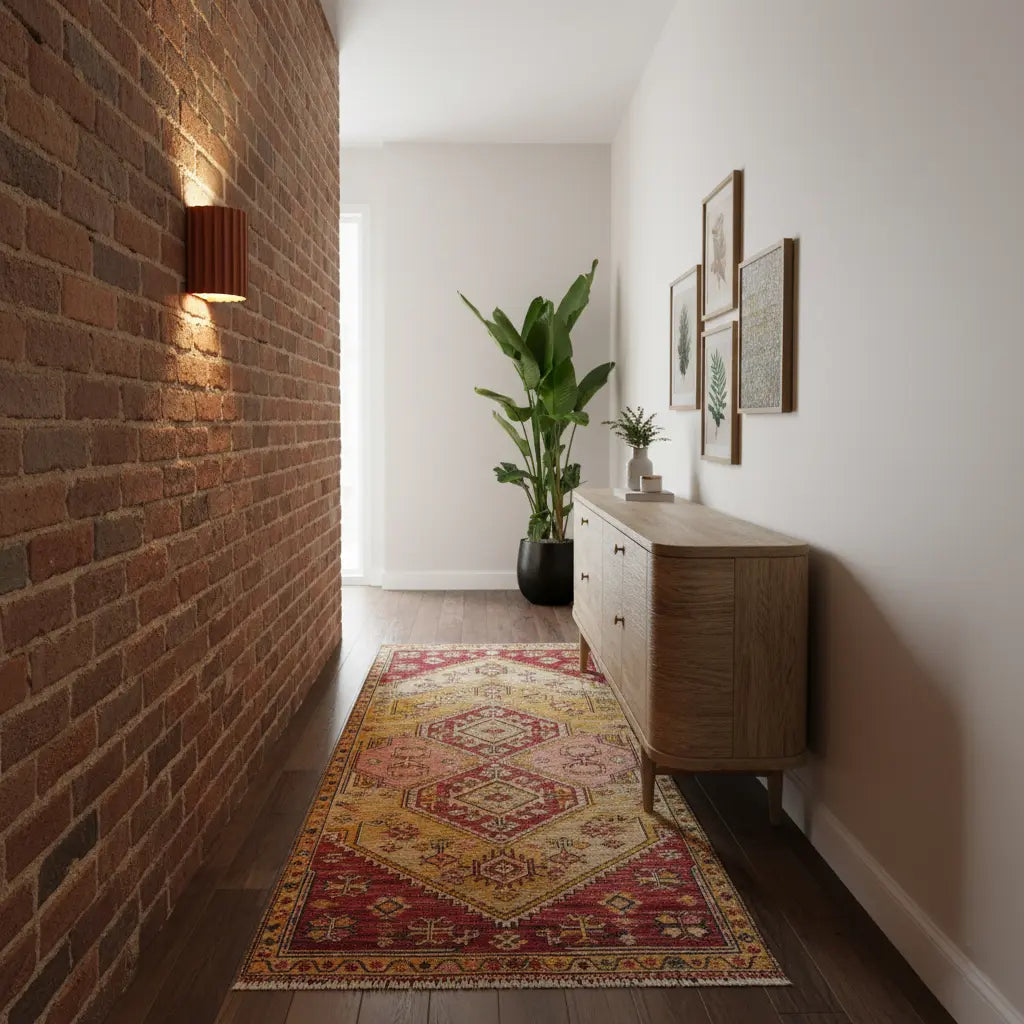 Terracotta fluted wall light on an exposed brick wall above a patterned rug in a corridor 4