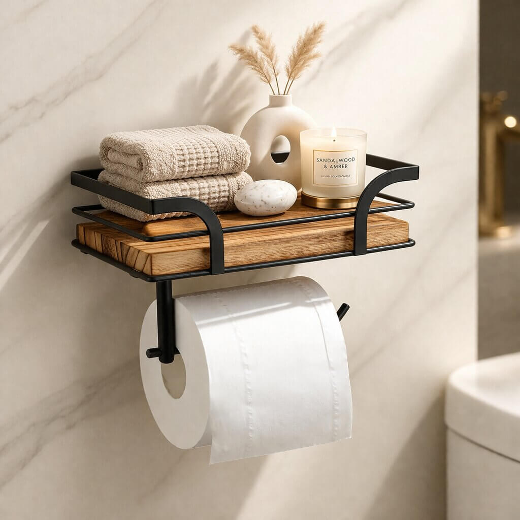 Black metal and wood shelf on a marble wall, styled with folded towels, a vase, soap and a candle above a loo roll. 1