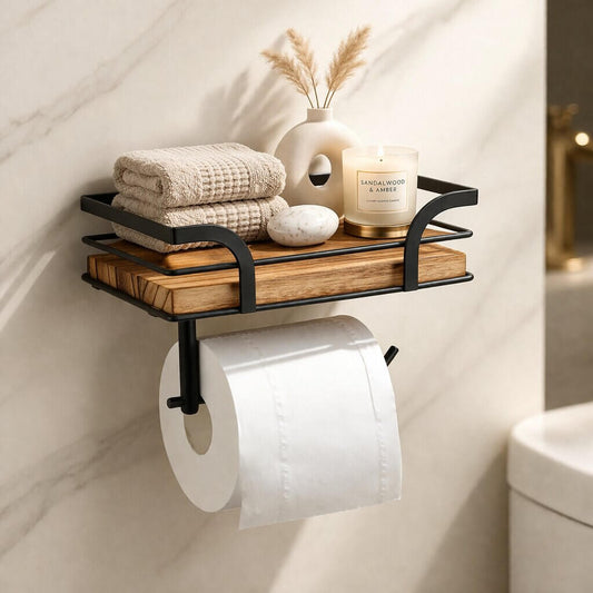 Black metal and wood shelf on a marble wall, styled with folded towels, a vase, soap and a candle above a loo roll. 1