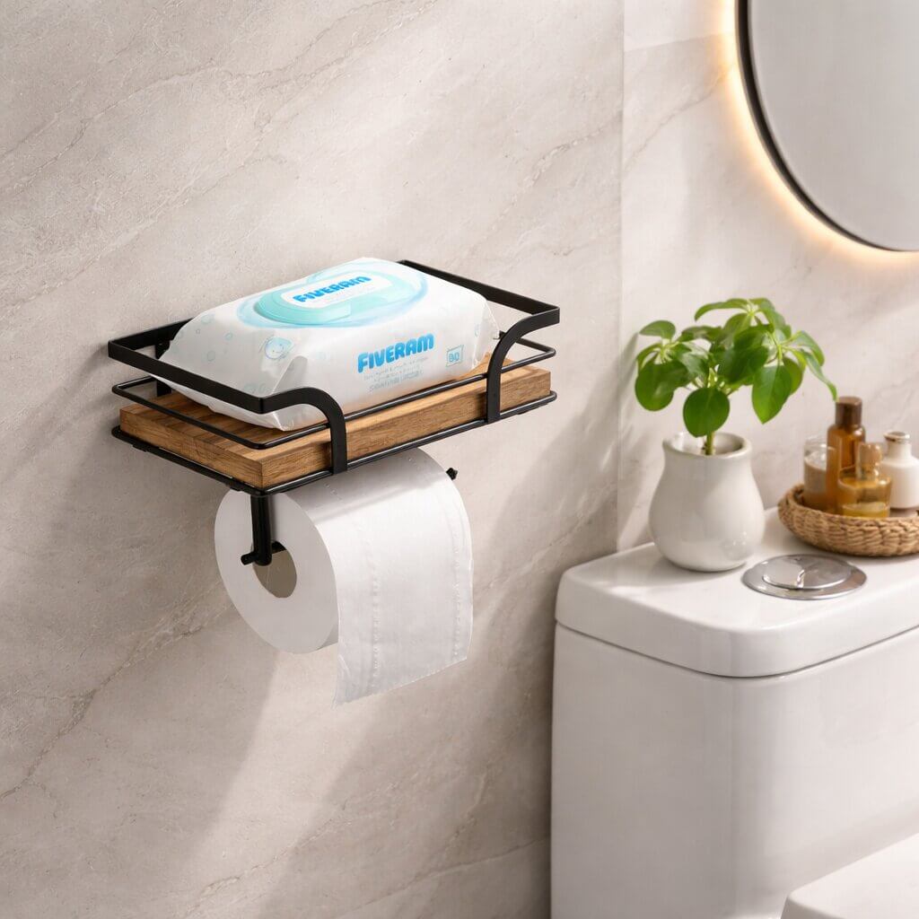 Wall-mounted holder beside a cistern, its wooden shelf holding a pack of baby wipes, with a plant and toiletries nearby. 2