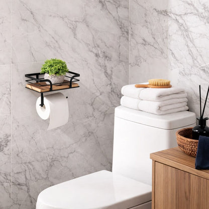 Small black and wood holder with a potted plant on its shelf, fixed to a grey marble wall above a toilet. 3