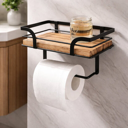 Close-up of the black wire rail and wooden shelf holding a small glass jar, with a toilet roll hanging below. 5