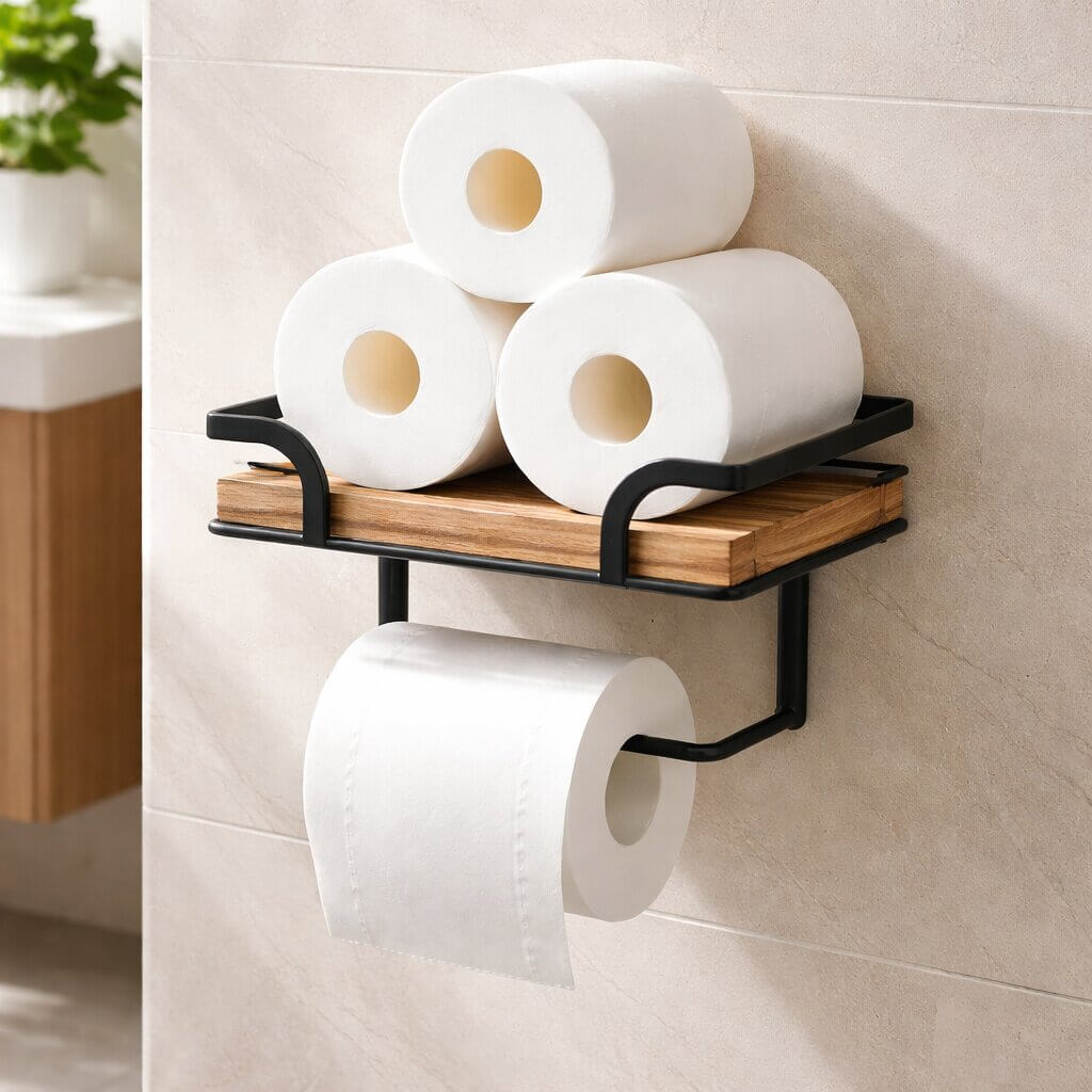 Shelf stacked with three spare toilet rolls, with a fourth roll on the black bar underneath, against a beige tiled wall. 4