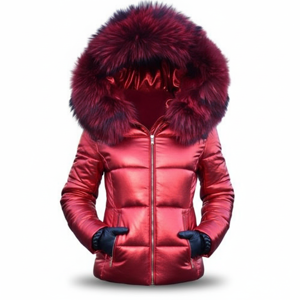 Front view of the metallic red quilted jacket with a deep red fur-trimmed hood, hands in the pockets wearing dark gloves. 10