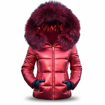 Front view of the metallic red quilted jacket with a deep red fur-trimmed hood, hands in the pockets wearing dark gloves. 10