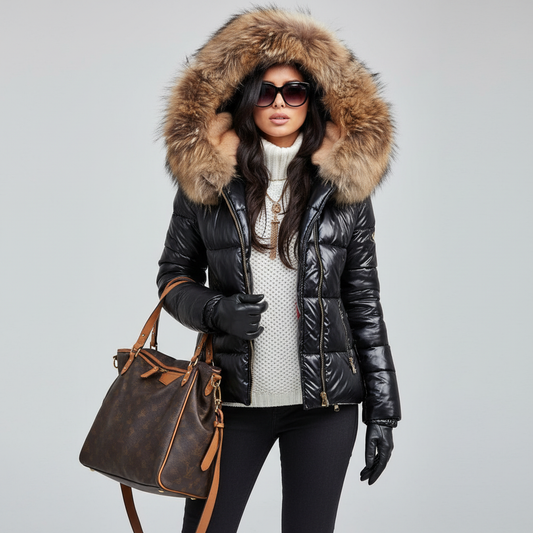Model against a plain grey background wearing the glossy black quilted jacket with fur-trimmed hood over a white knit jumper, holding a handbag. 2