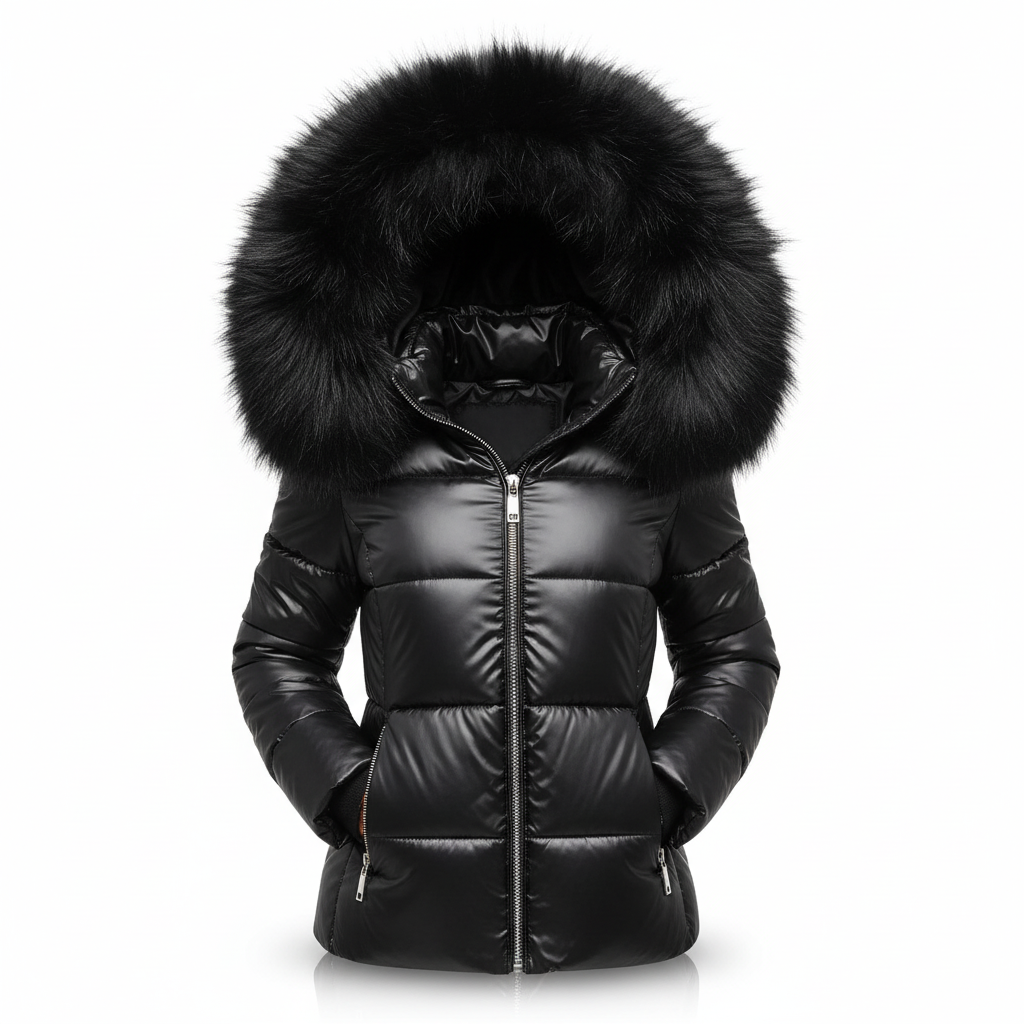 Glossy black quilted jacket with a full black fur-trimmed hood and silver front zip, shown unworn against a white background. 4