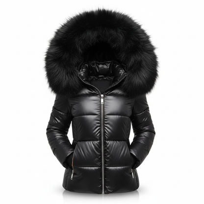 Glossy black quilted jacket with a full black fur-trimmed hood and silver front zip, shown unworn against a white background. 4