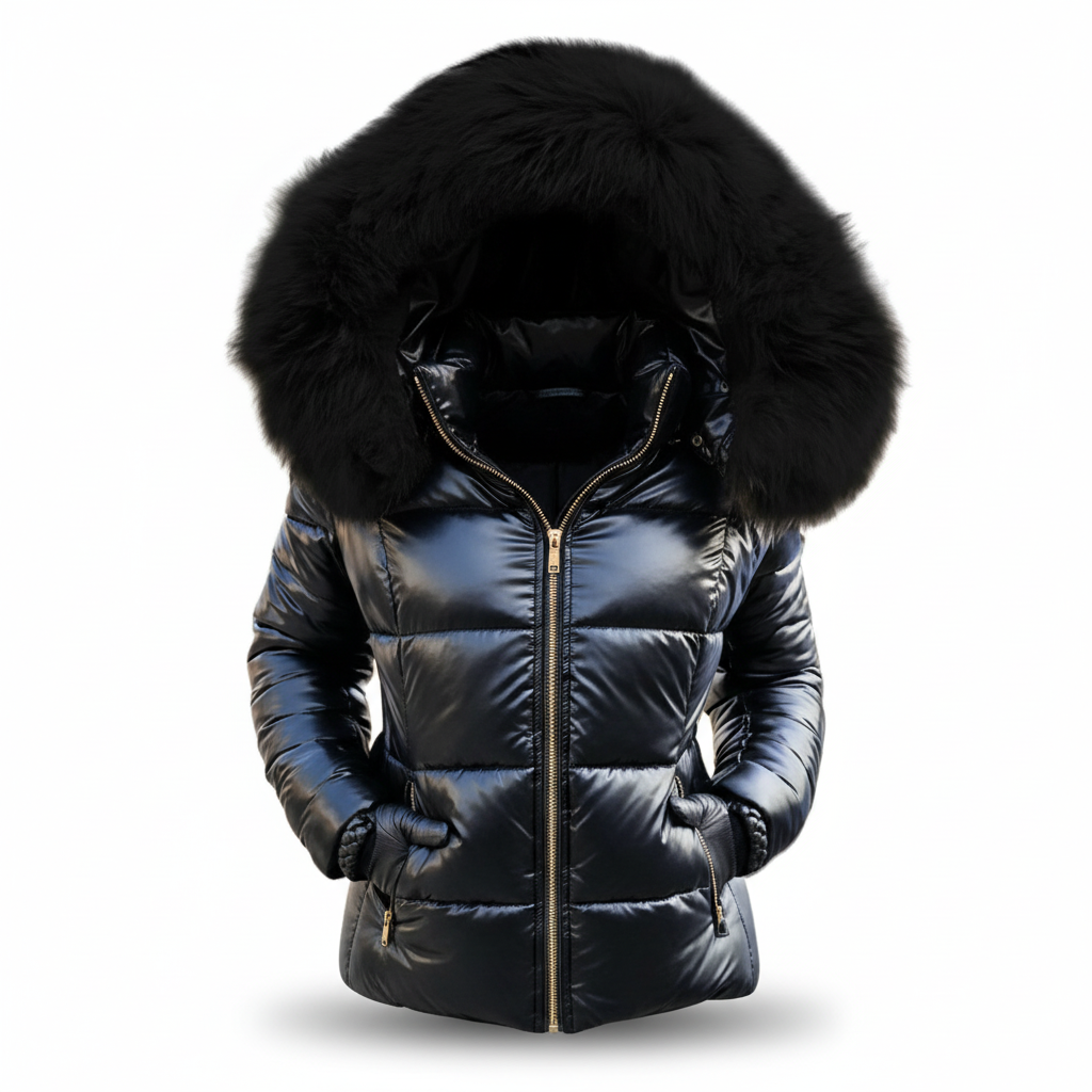 Glossy black padded jacket with black fur-trimmed hood and gold-toned zip, pockets shown in use, on a white background. 5