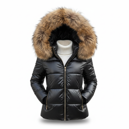 Glossy black quilted jacket with a natural brown fur-trimmed hood, gold-toned zip and a white roll-neck jumper underneath, on white. 6