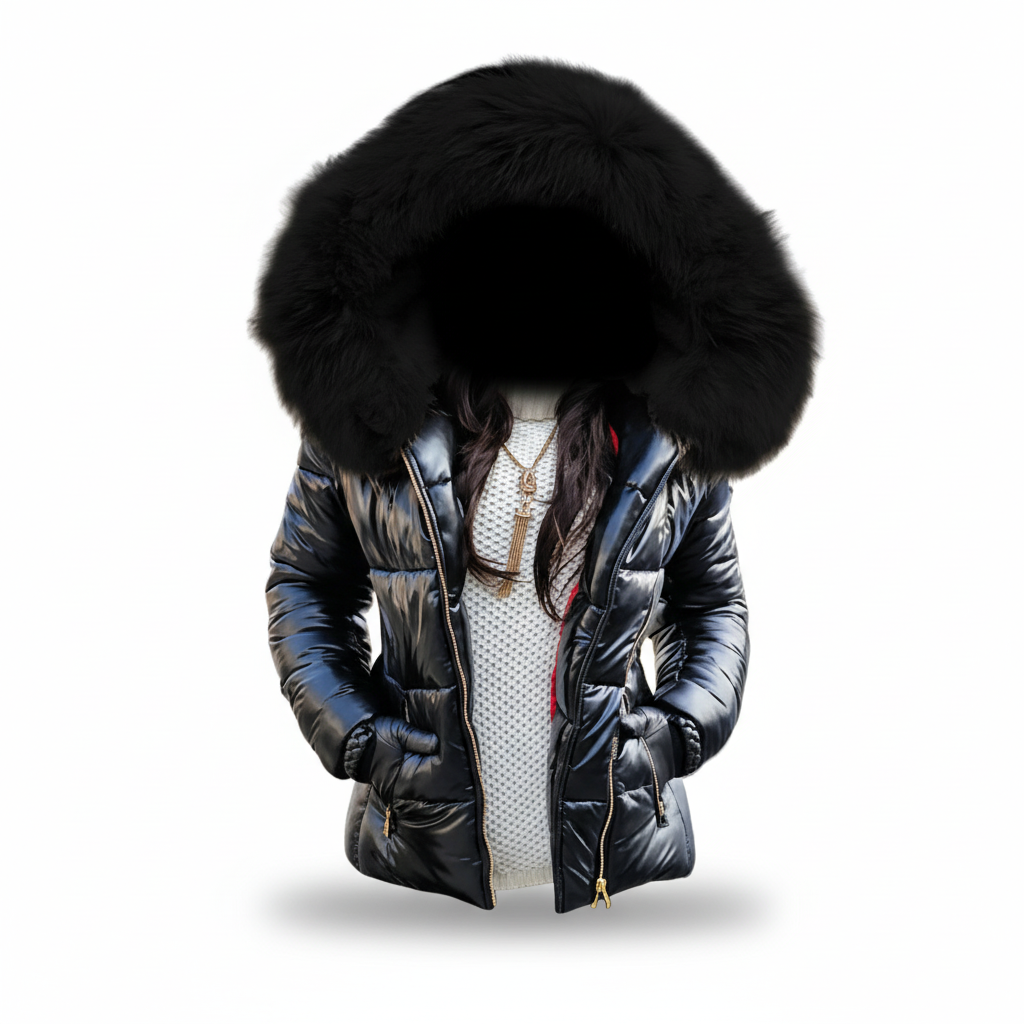 Black quilted jacket with large black fur hood and gold zip, worn open over a white knit jumper and long necklace. 7