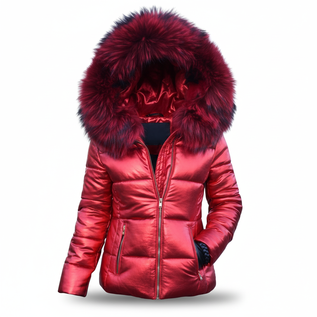 Metallic red quilted jacket with a deep red fur-trimmed hood, silver-toned front zip and slanted zipped pockets, on a white background. 9
