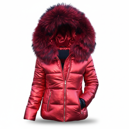 Metallic red quilted jacket with a deep red fur-trimmed hood, silver-toned front zip and slanted zipped pockets, on a white background. 9