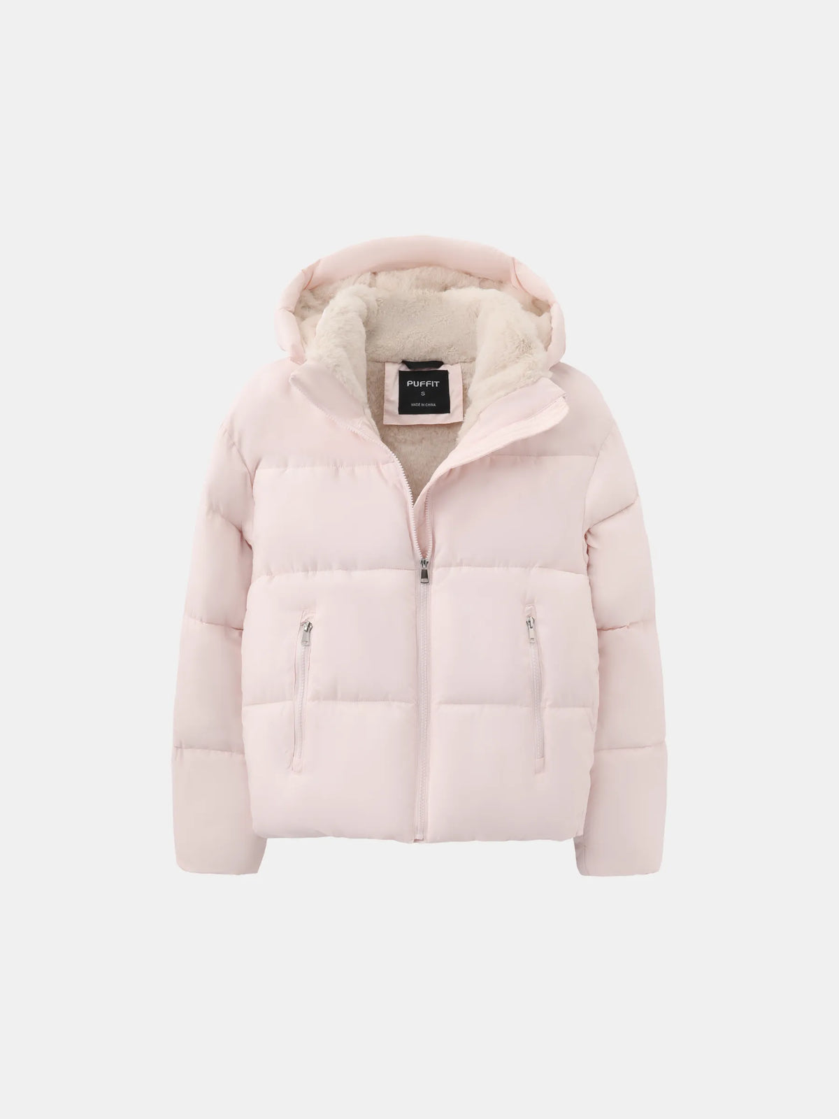 Pale pink puffer jacket laid flat, showing the fleece-lined hood, front zip and two zipped pockets 9