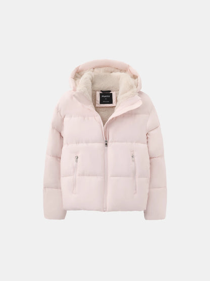 Pale pink puffer jacket laid flat, showing the fleece-lined hood, front zip and two zipped pockets 9