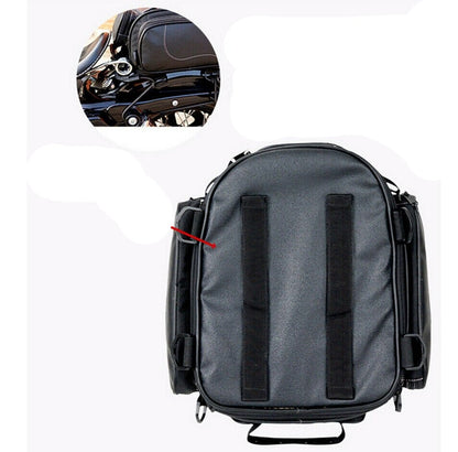 Waterproof motorbike tail bag with a fold-out storage compartment.