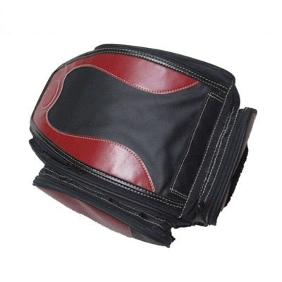 Waterproof motorbike tail bag with a fold-out storage compartment.