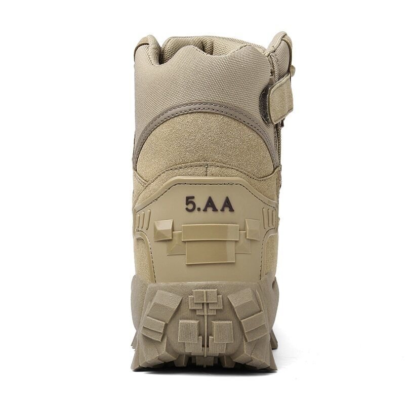 Rear view of a sand-coloured boot showing the heel panel, side strap and sole at the back 12