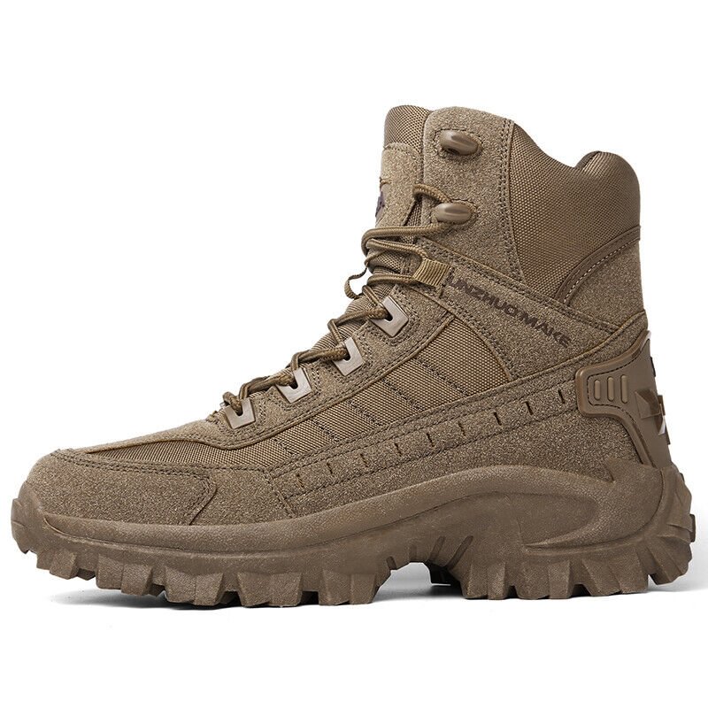 Side profile of a brown high-top boot showing its panelled upper and thick lugged sole 15