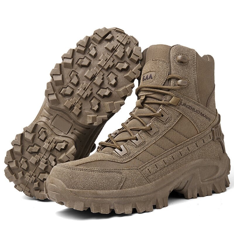 Brown boot standing beside its pair turned on its side to show the lugged outsole 16