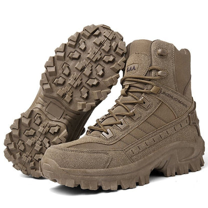 Brown boot standing beside its partner turned over to reveal the deep tread on the sole 16