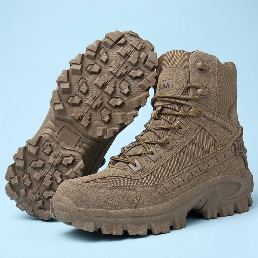 Brown lace-up boots on a pale blue background, one upright and one showing its tread 26