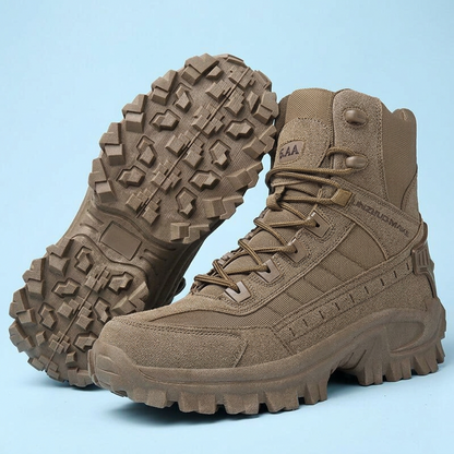 Brown lace-up boots on a pale blue background, one upright and one showing its tread 26
